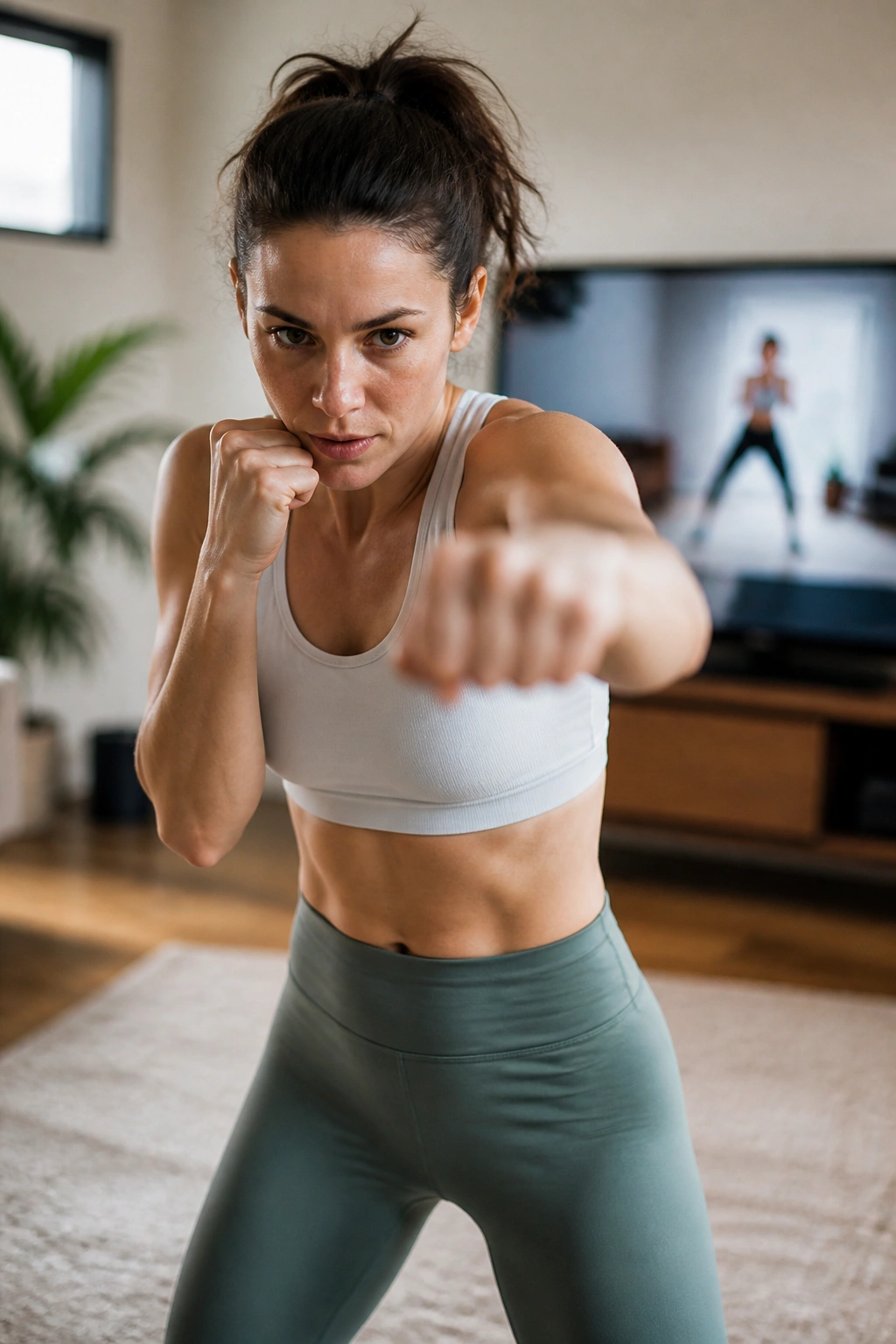 Woman shadowboxing in a living room
