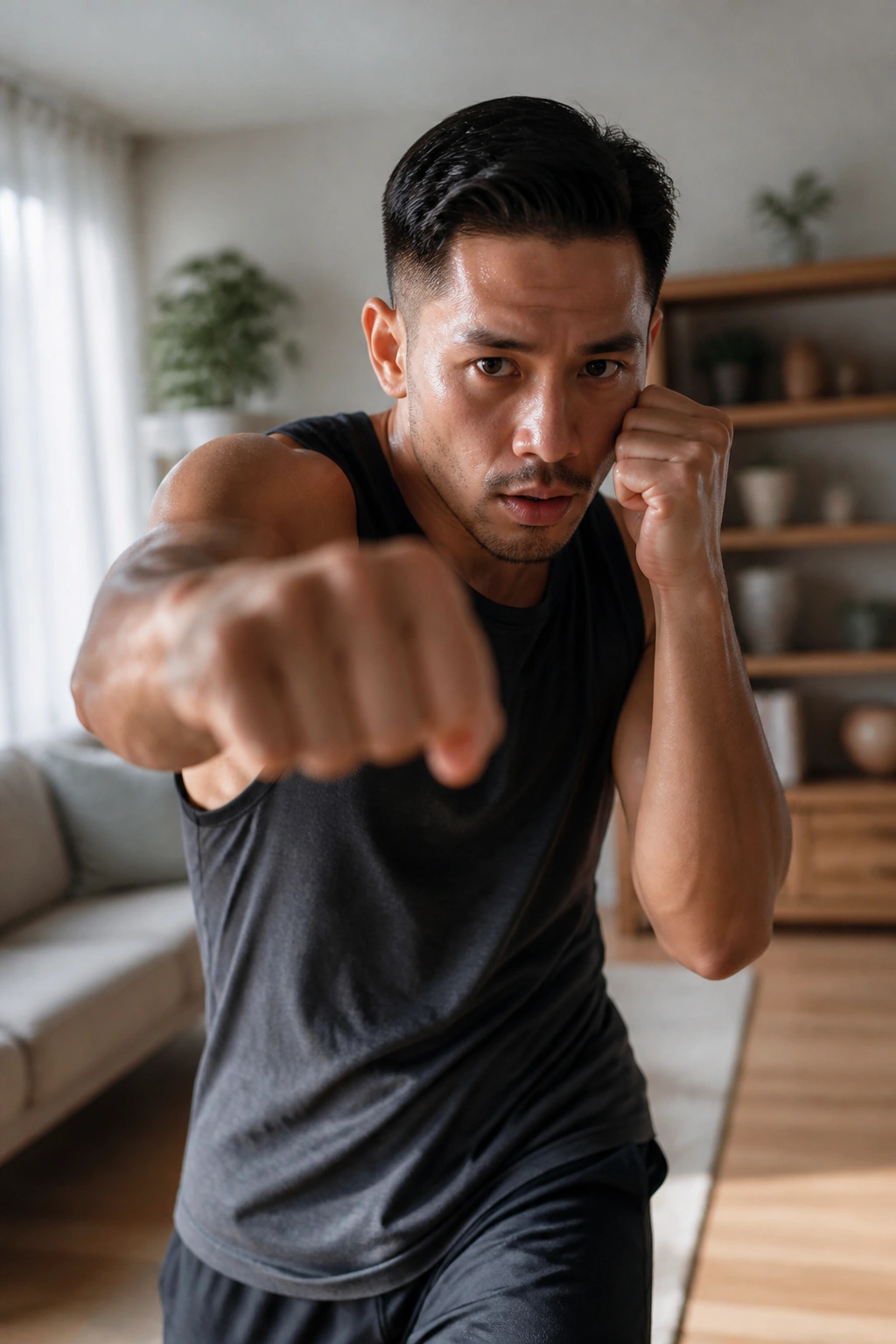 Person shadow boxing in a living room