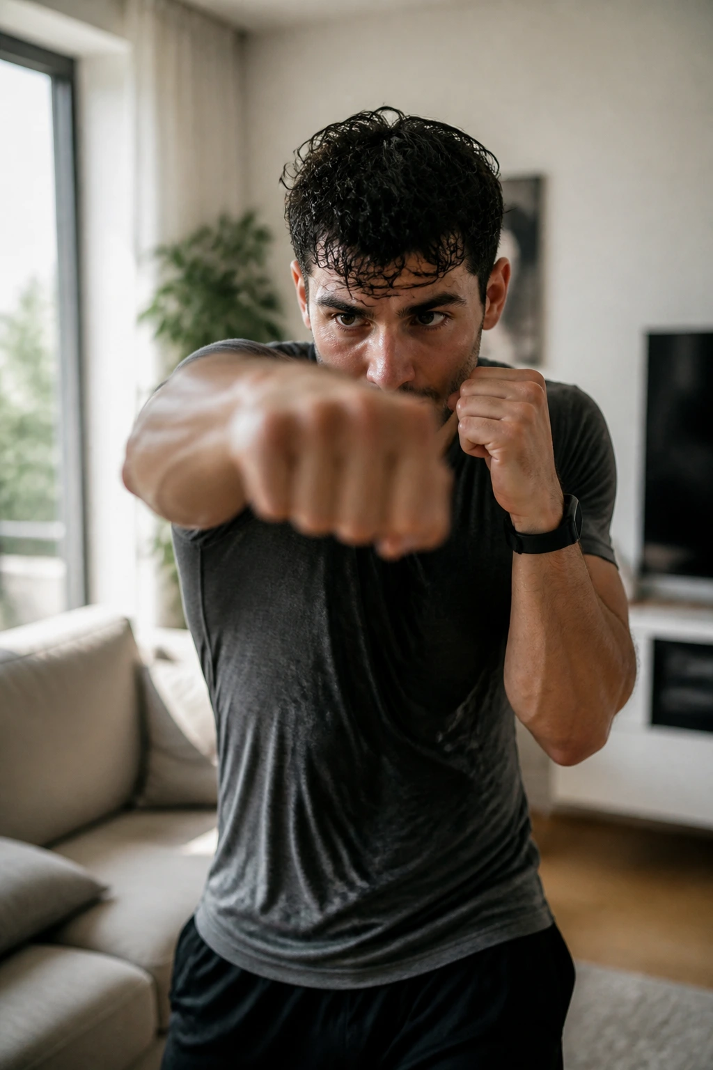 Real person shadow boxing in a sunlit living room