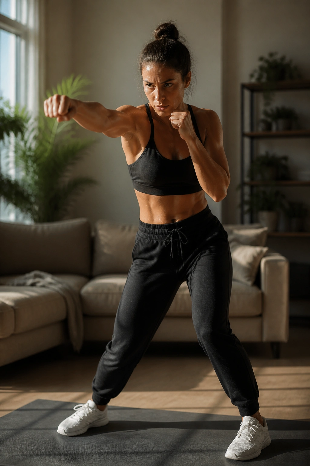 Medium-close portrait of a person shadow boxing in a sunlit home gym for fat loss