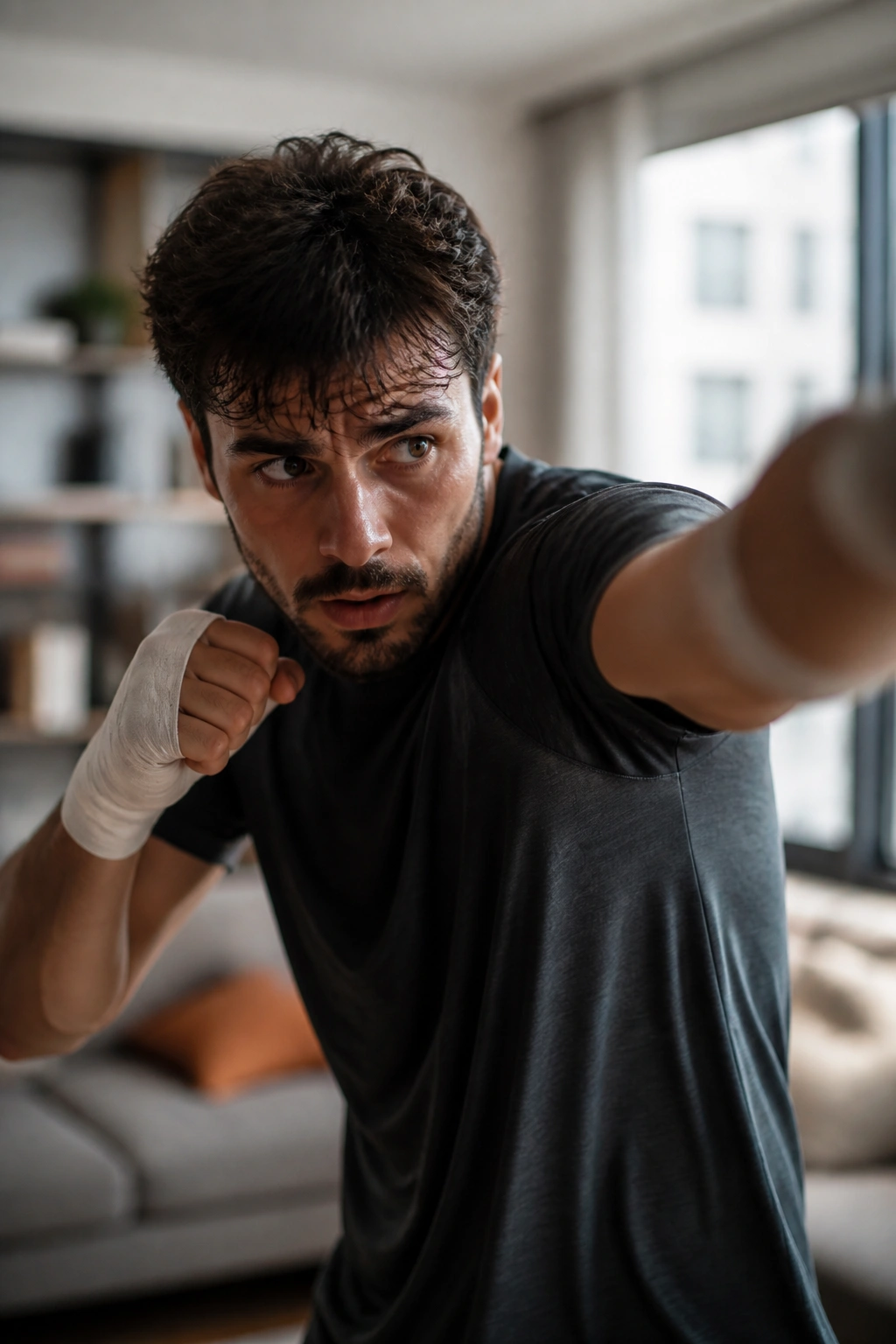 Close-up of a person shadow boxing in a living room