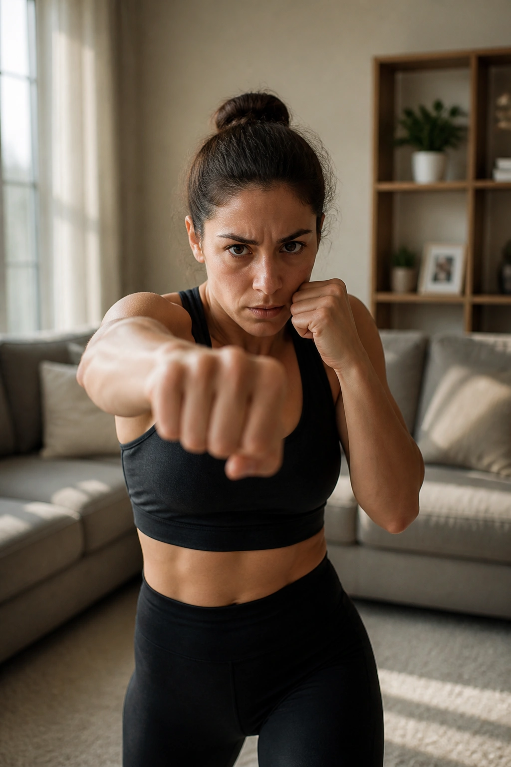 Person shadow boxing in a living room