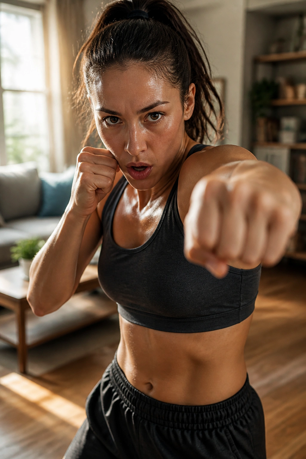 Close-up shadow boxing action in a sunlit living room with a focused athlete