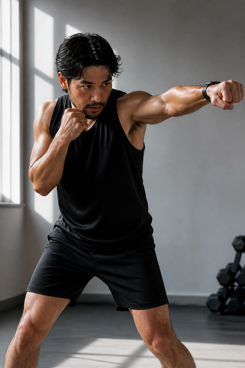 Person shadow boxing in gym during interval workout