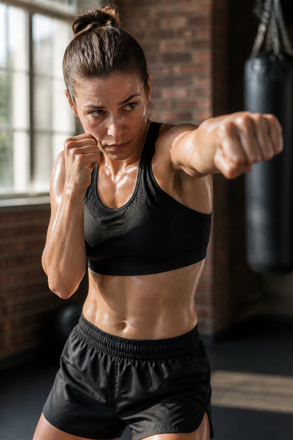 Close-up of a person shadow boxing in a gym, fists mid-punch with core rotation