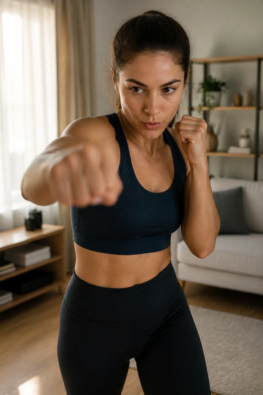 Medium close-up of a person shadow boxing in a bright living room