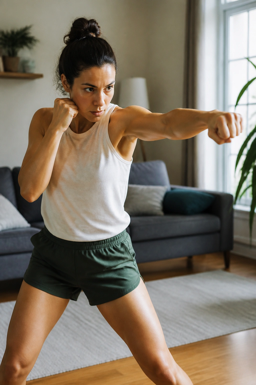 Person shadow boxing in a living room with natural light.