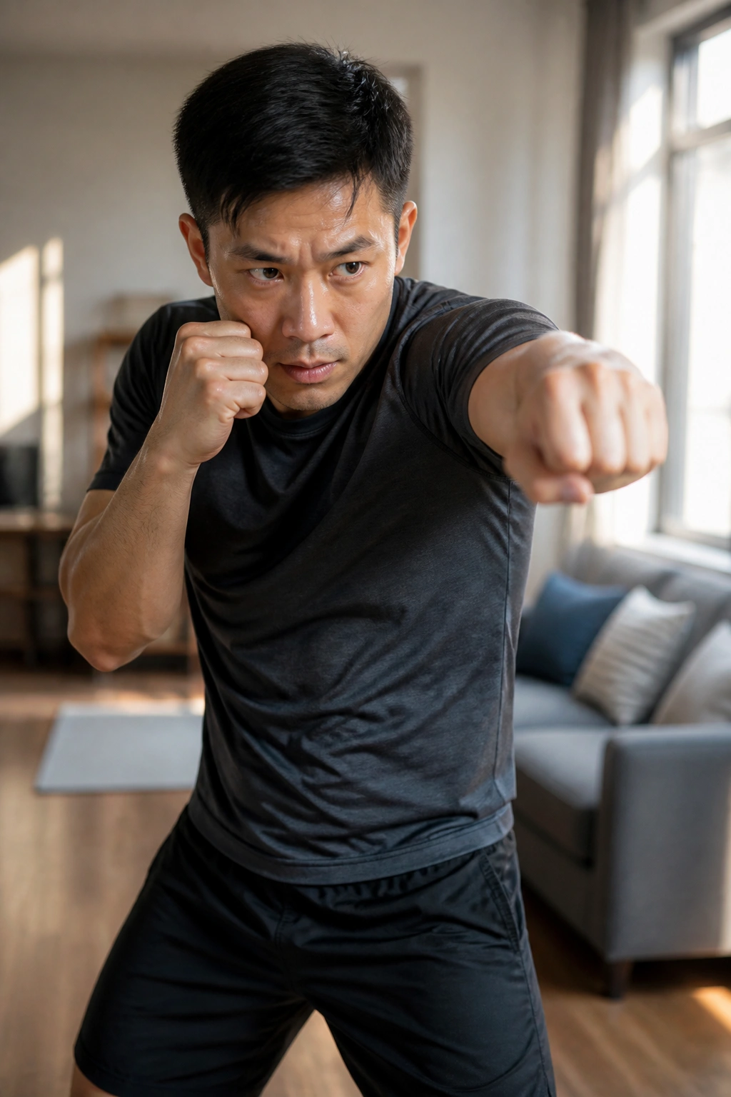 Real person shadow boxing in a living room with fists up and rhythm