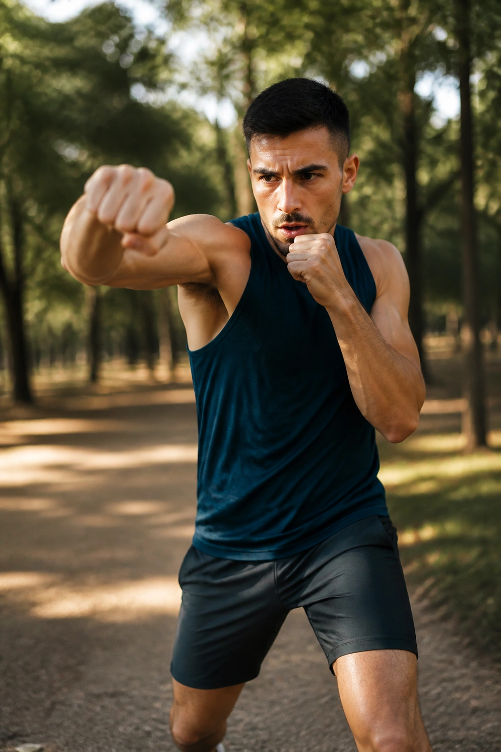 Real person shadow boxing in a park during a HIIT session.