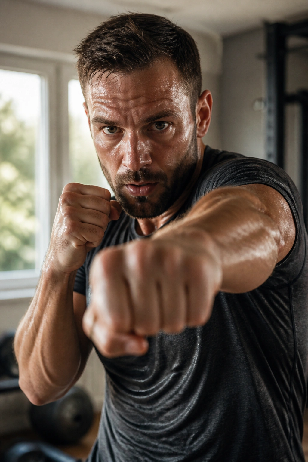 Close-up of a real person shadow boxing in a sunlit home gym corner