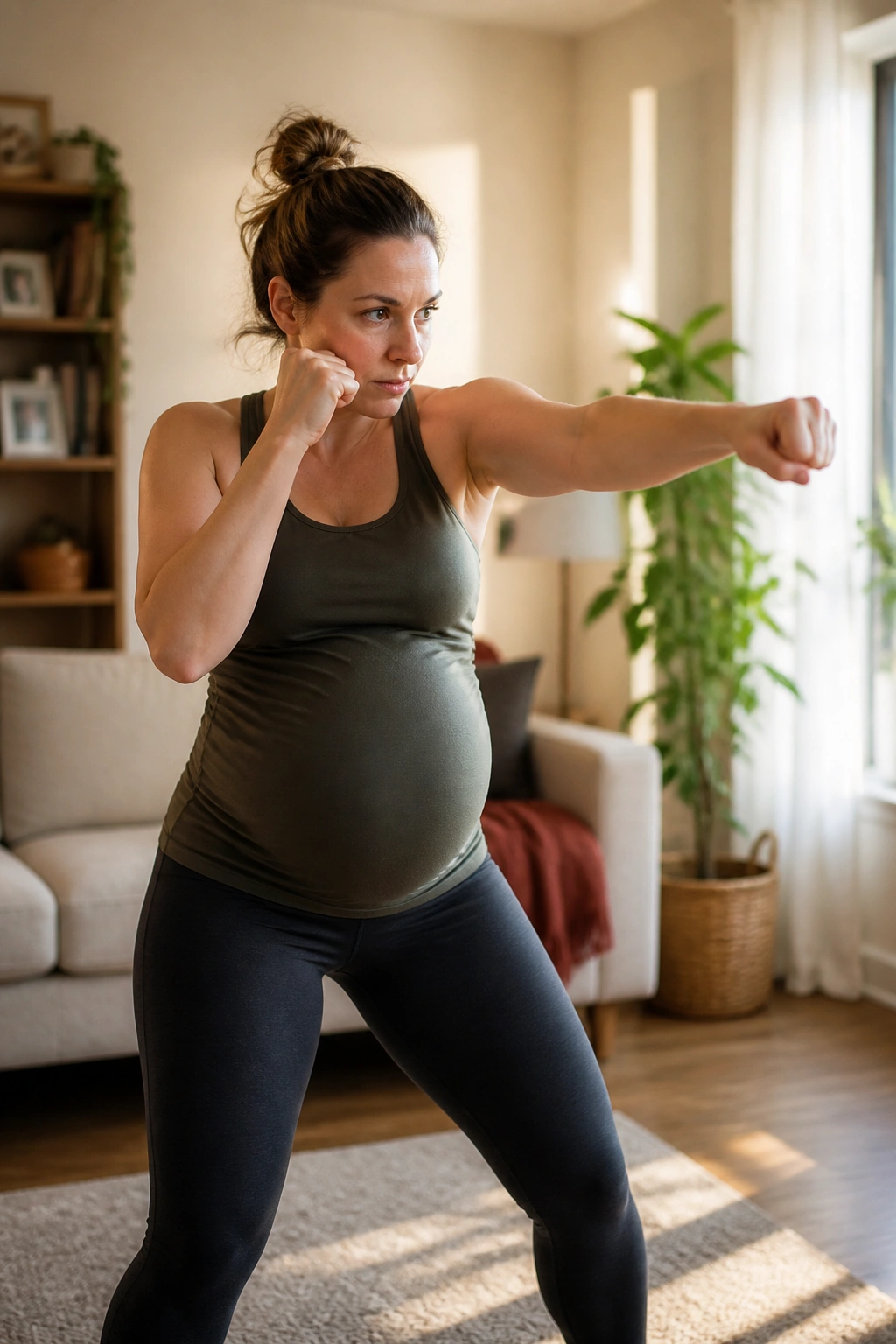 Pregnant woman shadow boxing in a living room with light punches