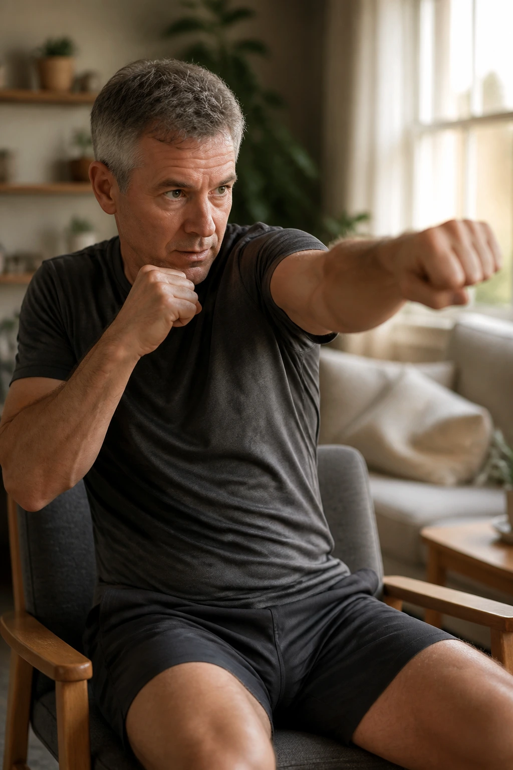 Close-up of a real person shadow boxing seated in a living room, upper body and arms in motion.