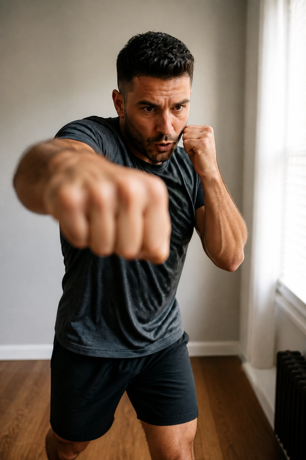 Person shadow boxing in a small room with fists raised