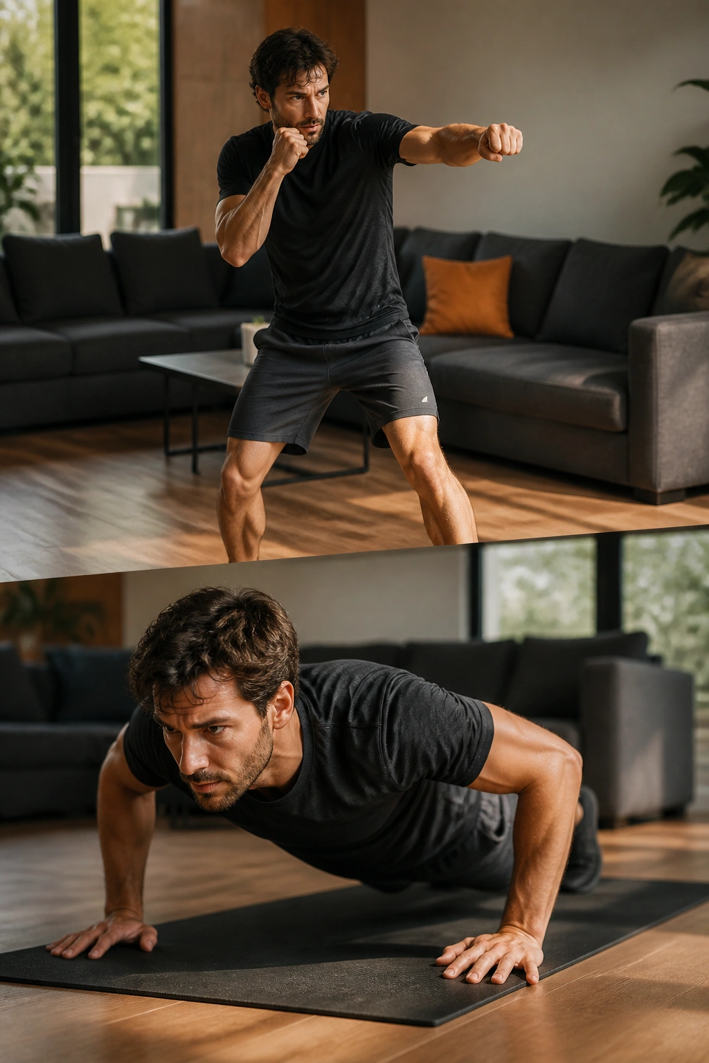 Person shadow boxing in a living room with strong upper-body focus
