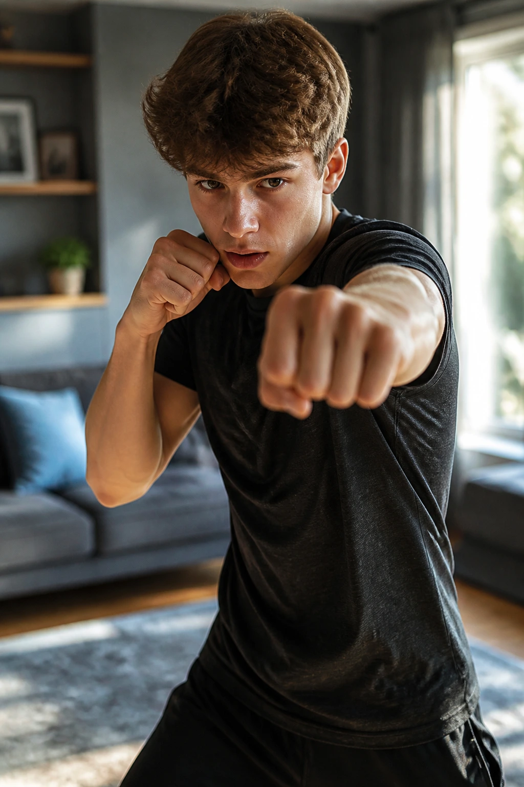 Teen shadow boxing in living room