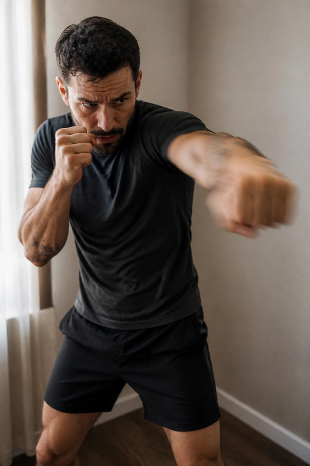 Real person shadow boxing in a small hotel room, close-up focused on upper body and fists.