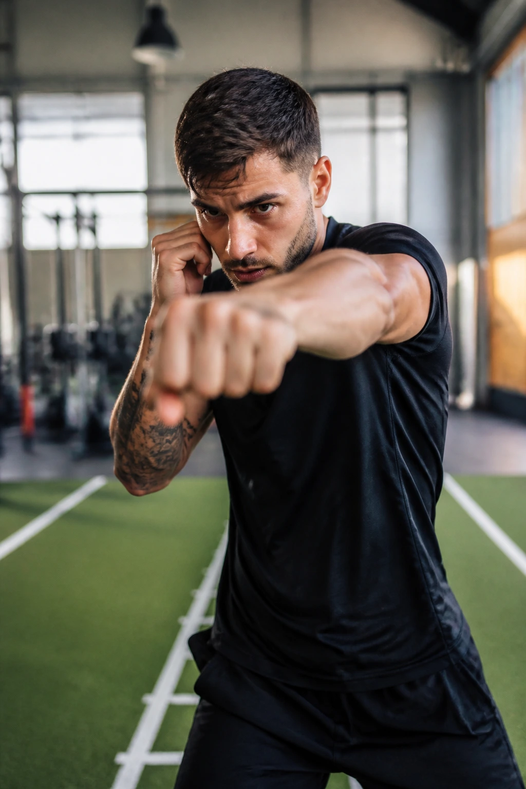 Person shadow boxing on a turf area in a gym, mid-punch