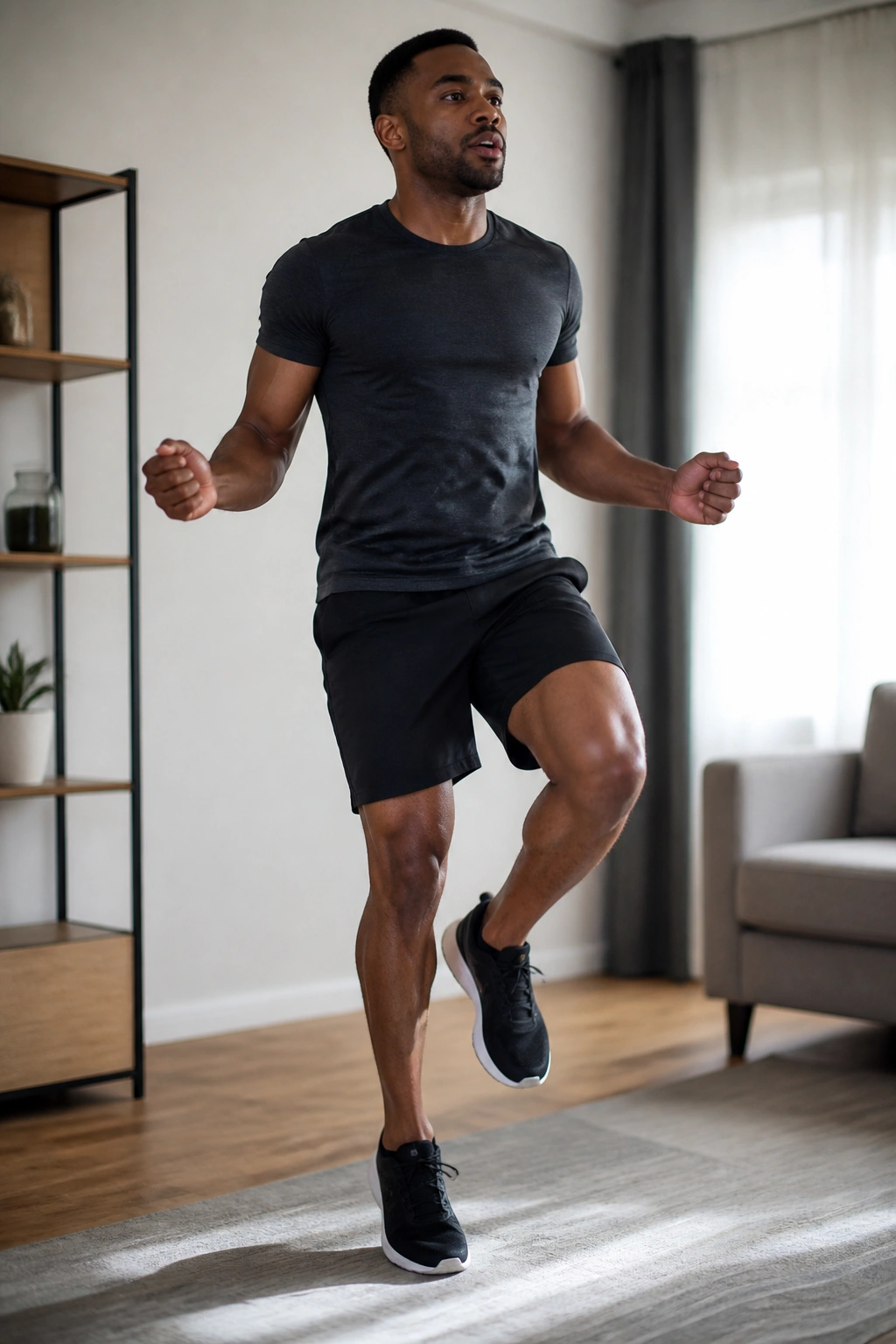 Real person jumping in place indoors without a rope