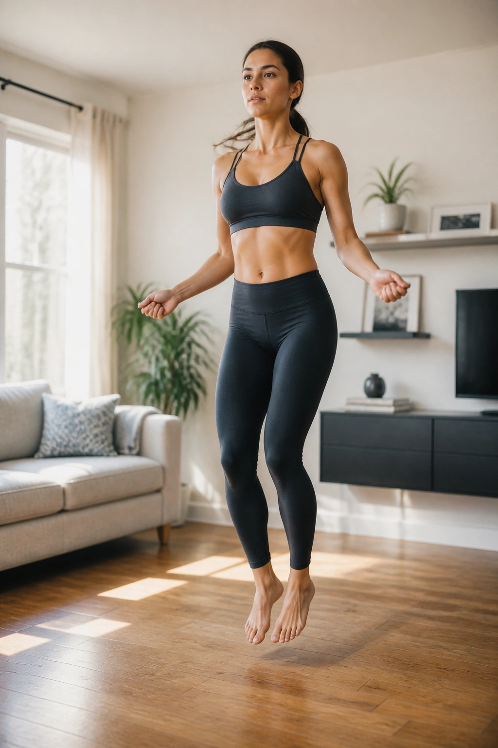 Person shadow-jumping without rope in a bright living room