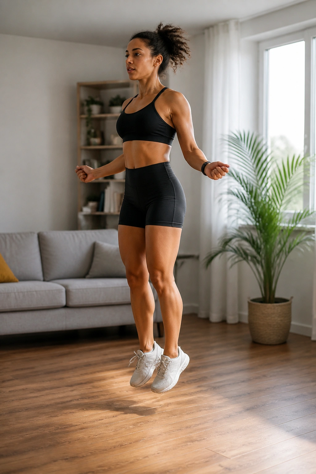 Real person shadow jumping in a living room, no rope visible
