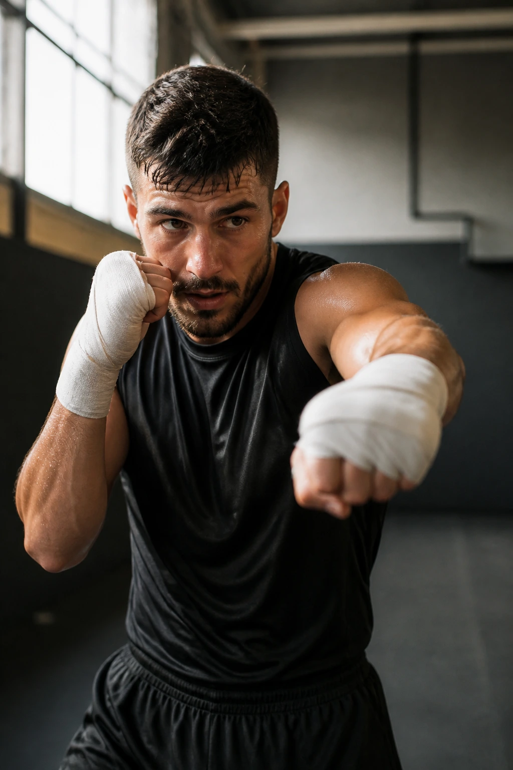 Close-up of a boxer shadowboxing in a gym, focusing on stance and form