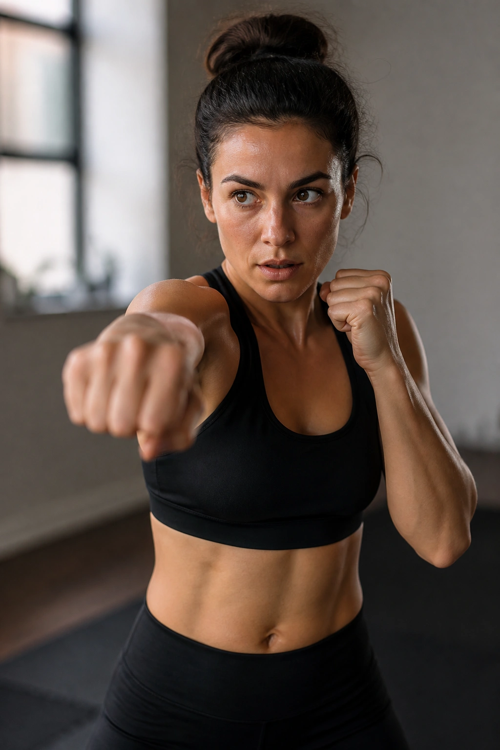 Close-up portrait of a person shadowboxing with a focused expression