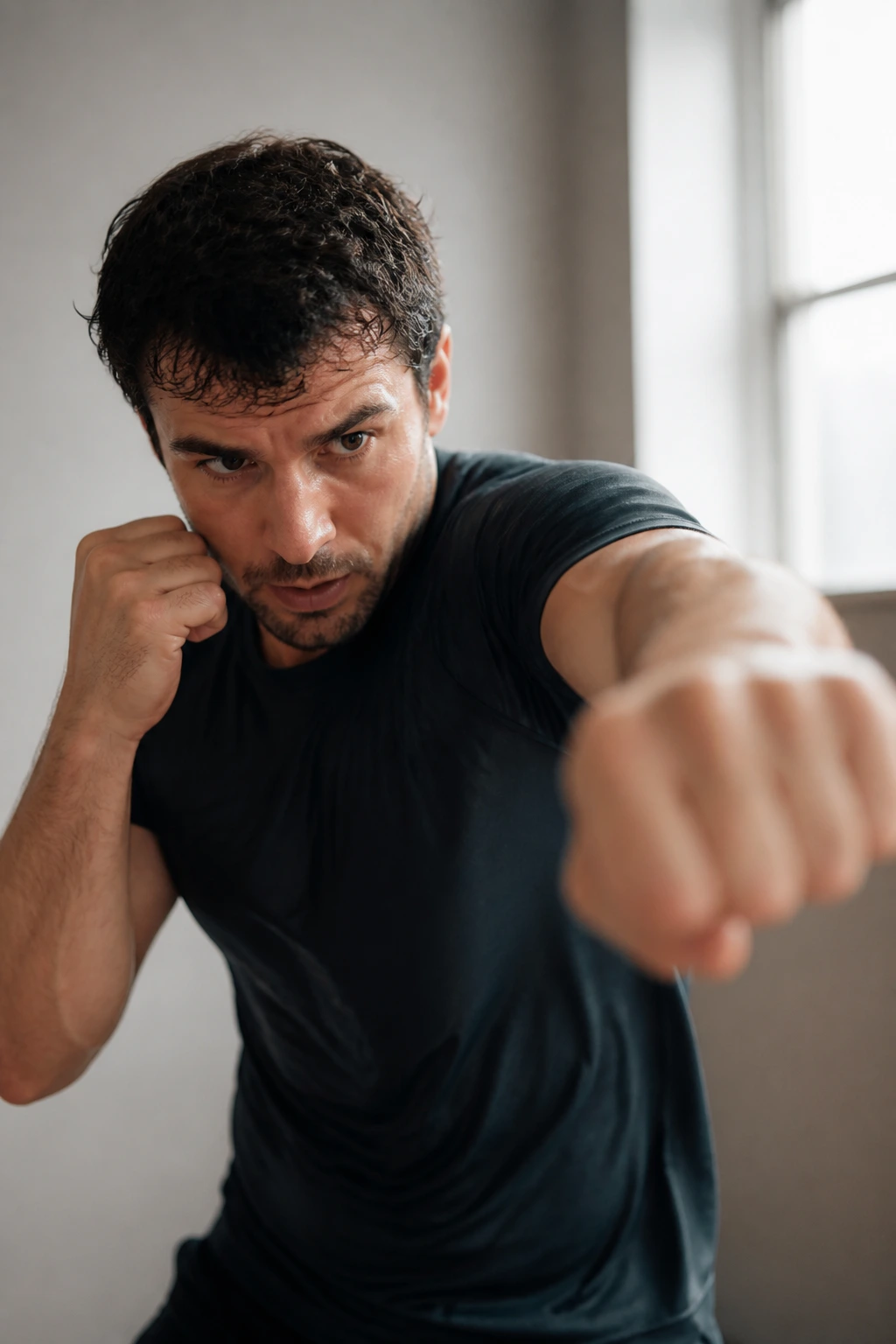 Person shadowboxing in a bright room during a cardio session.
