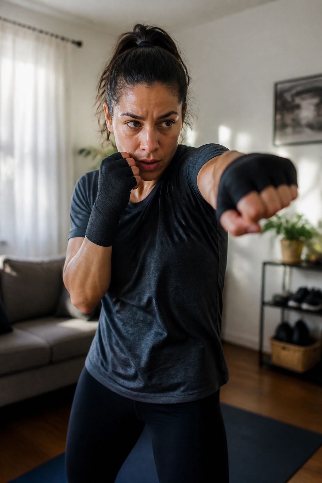 Medium close-up of a real person shadowboxing in a home setting.