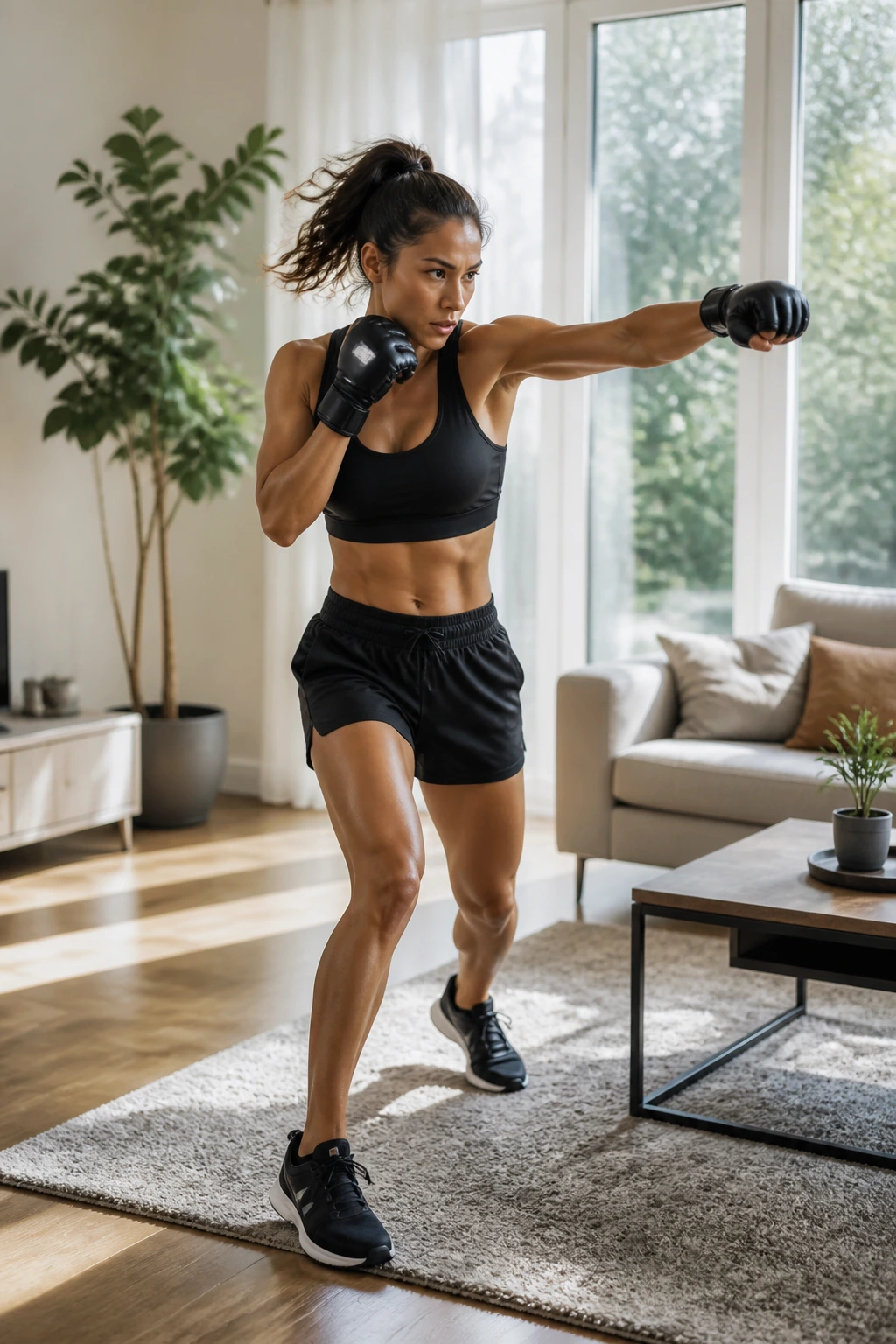 Mid-shot of a person shadowboxing in a bright living space