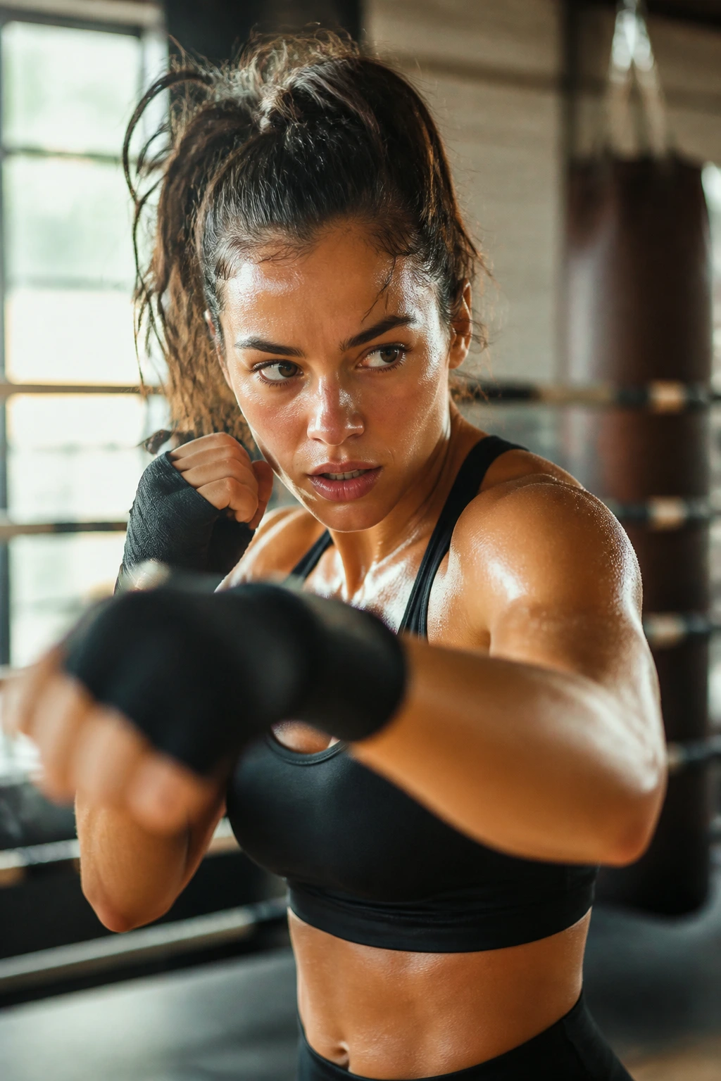 Close-up of a fit woman shadowboxing rapidly in a gym, conveying speed and cardio kickboxing.