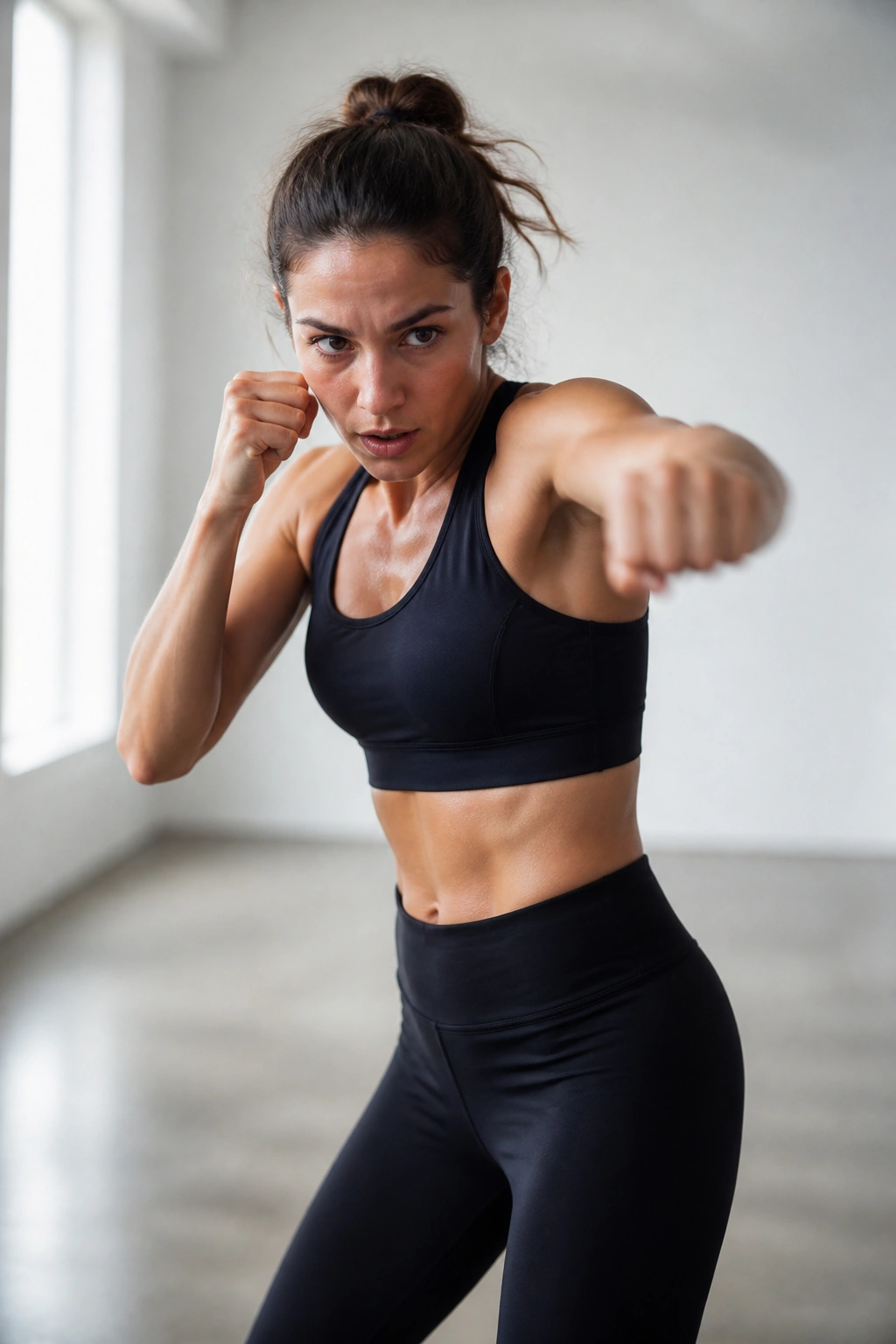 Person shadowboxing in a bright room with fists in motion.