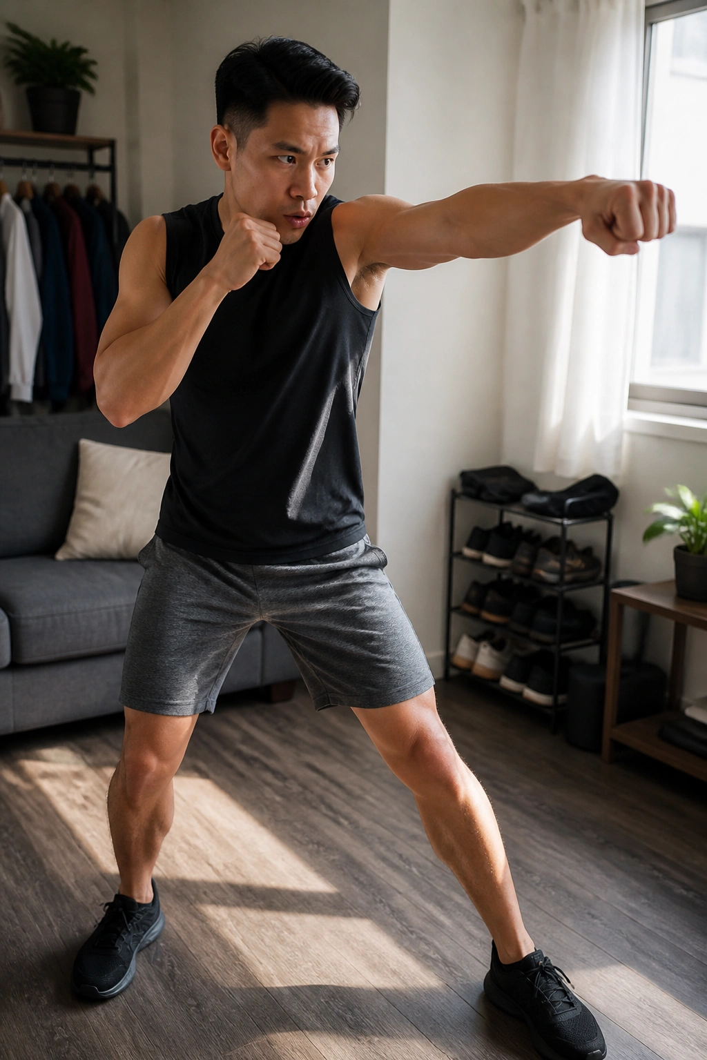 Real person shadowboxing in a small living room