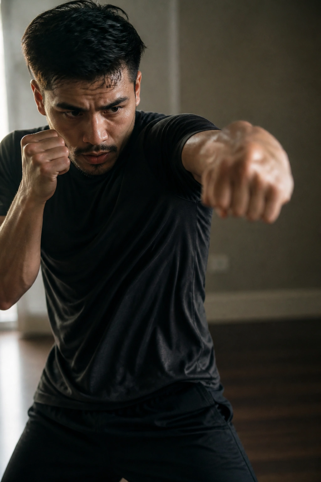 Person shadowboxing in a softly lit room