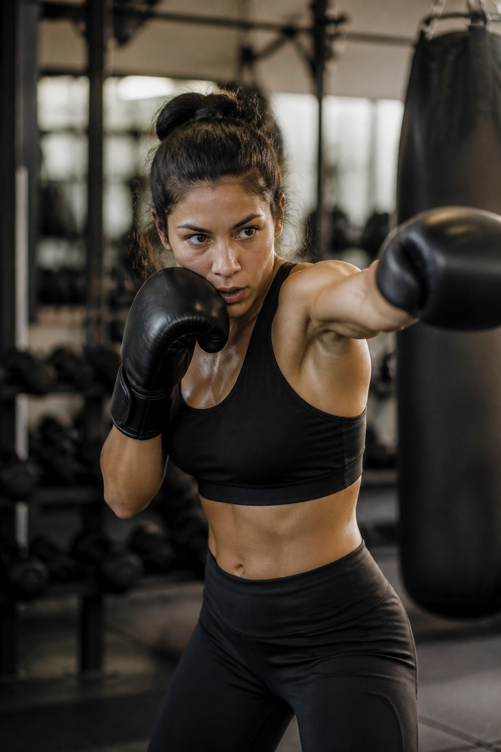Person shadowboxing in a gym with light punches and footwork.