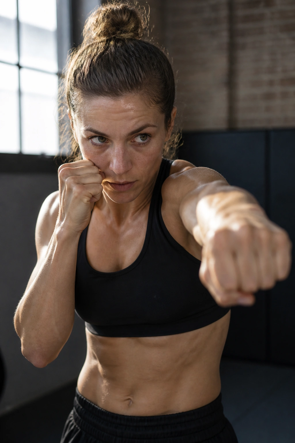 Close-up of a real fighter shadowboxing in a gym with natural light.