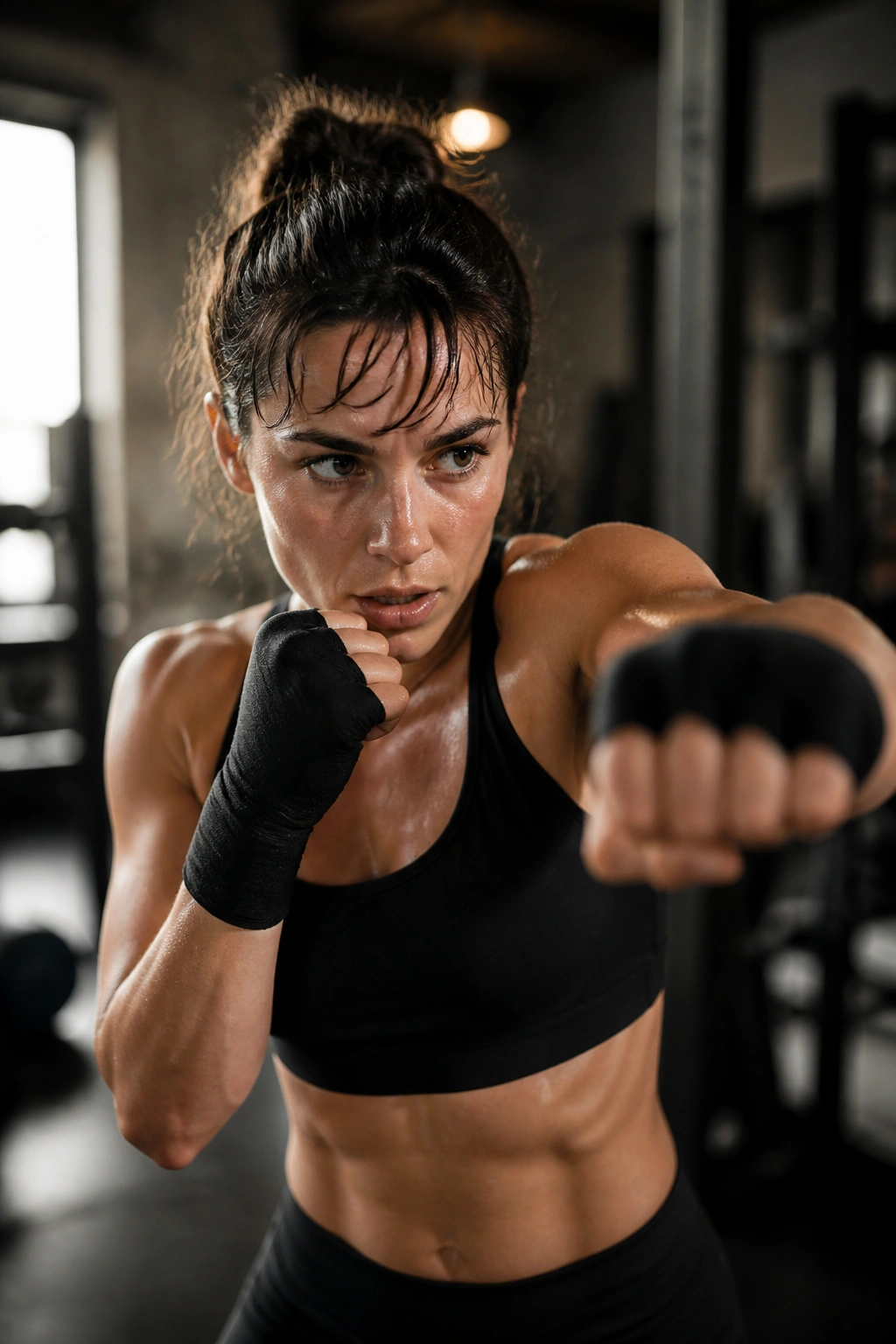 Close-up of athlete shadowboxing in a gym with intense focus and engaged core.
