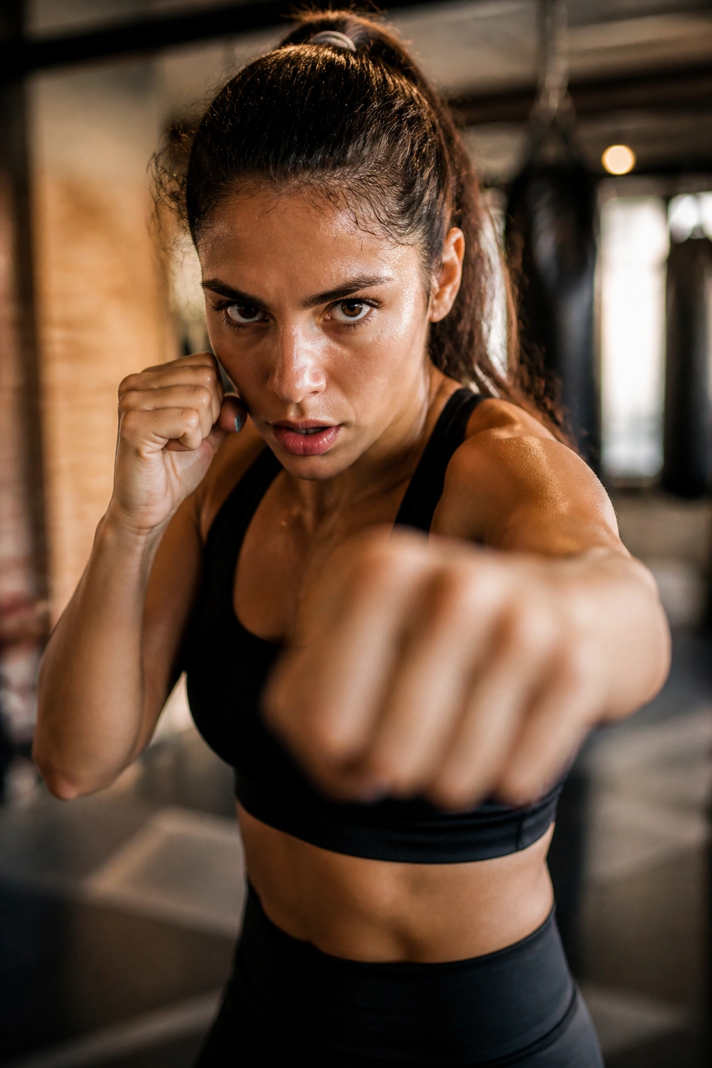 Close-up of a real athlete shadowboxing in a gym during HIIT