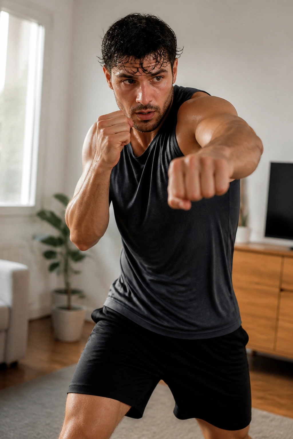 Person shadowboxing in a small living room
