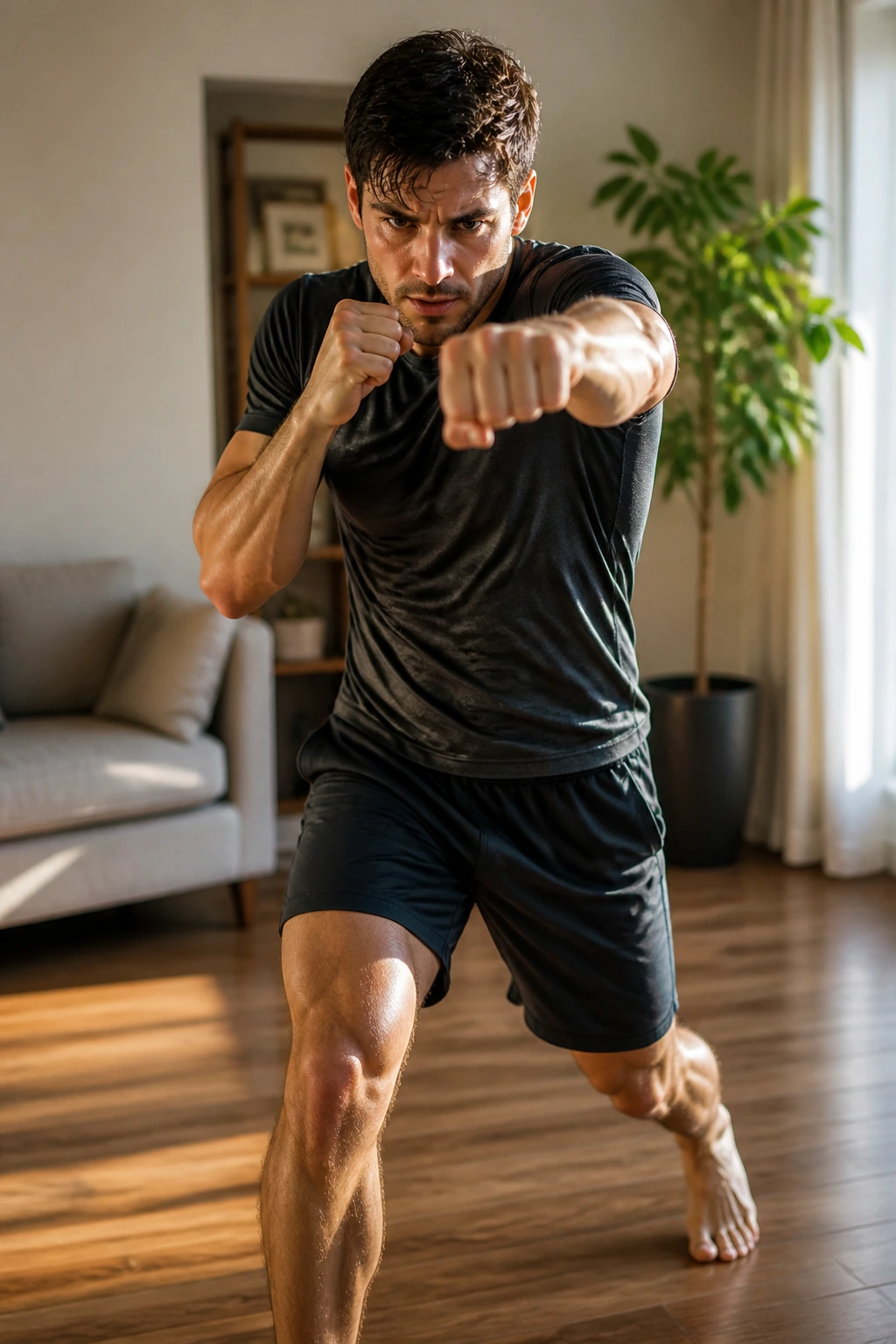 Person shadowboxing in a home living room during boxing rounds