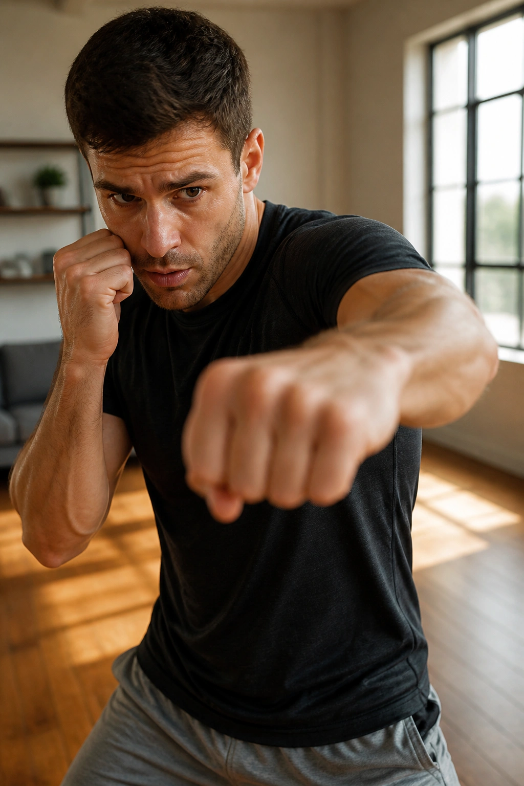 Real person shadow boxing in a sunlit living room, upper-body close-up.