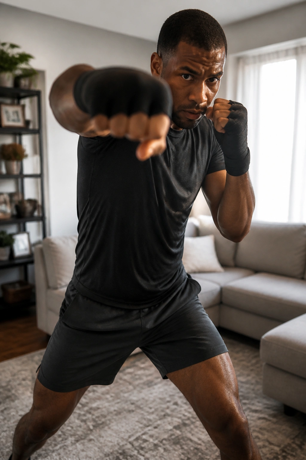 Person shadowboxing in a living room with focused expression