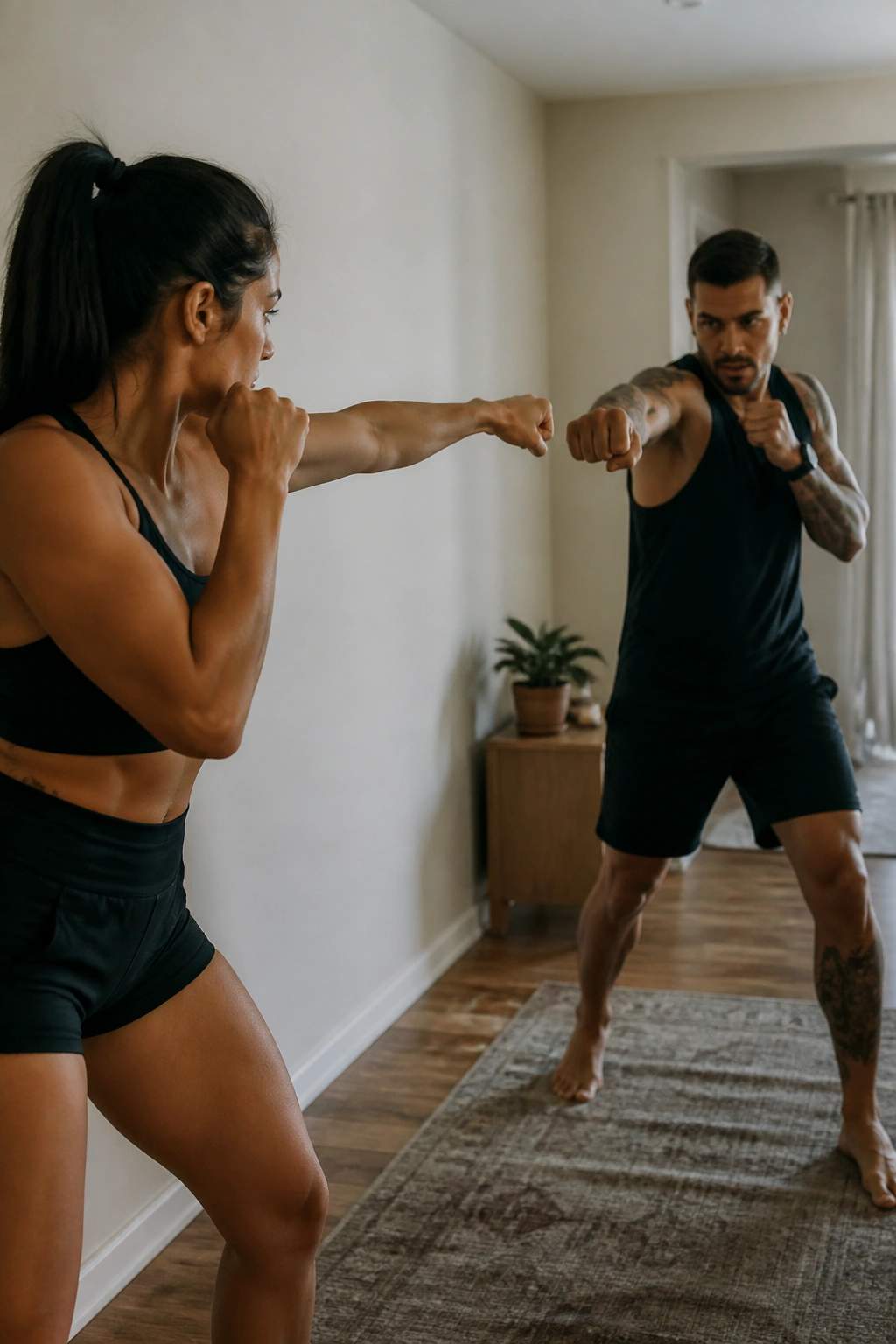 Real couple shadowboxing in a small living space
