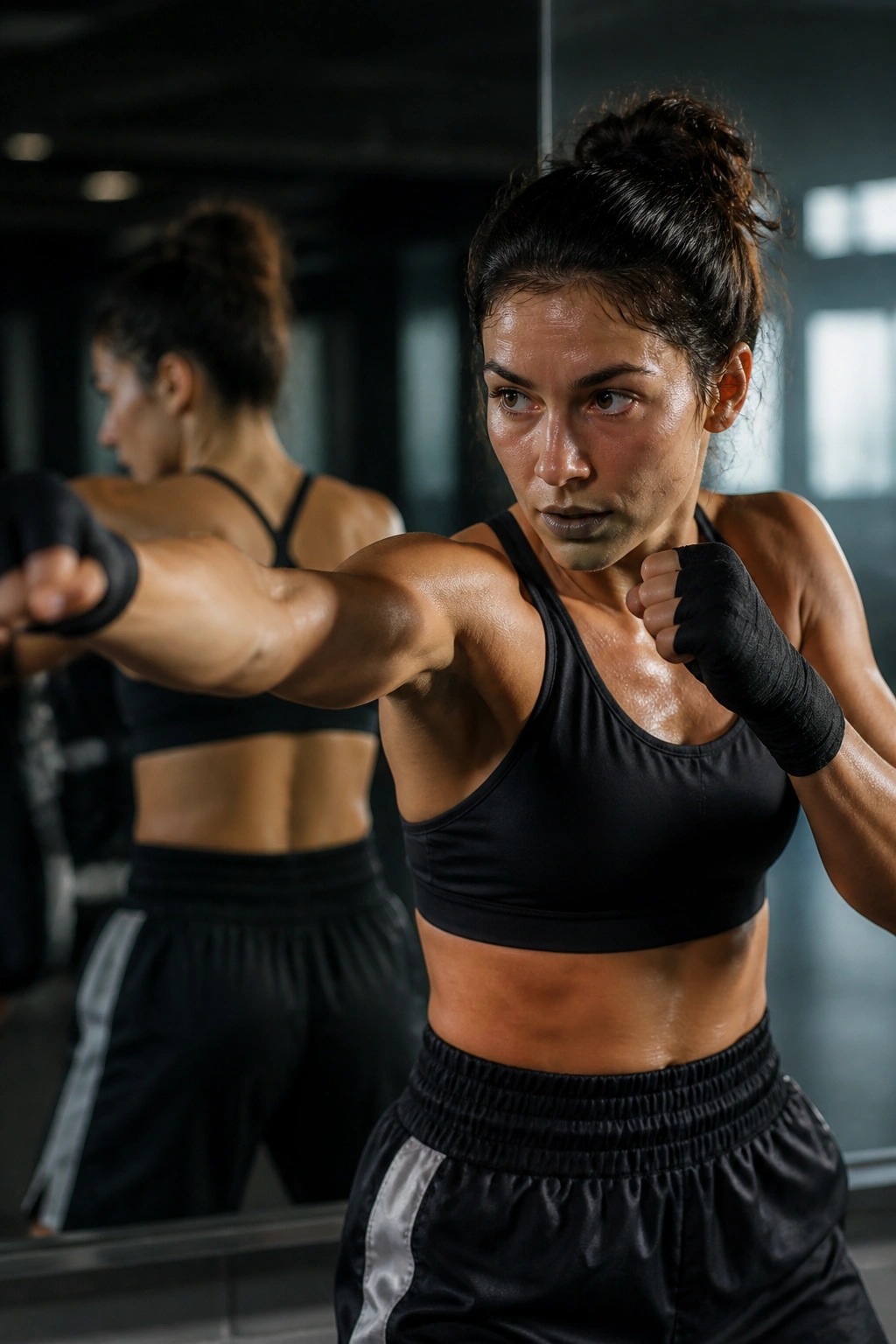 Boxer practicing slow shadowboxing in front of gym mirror