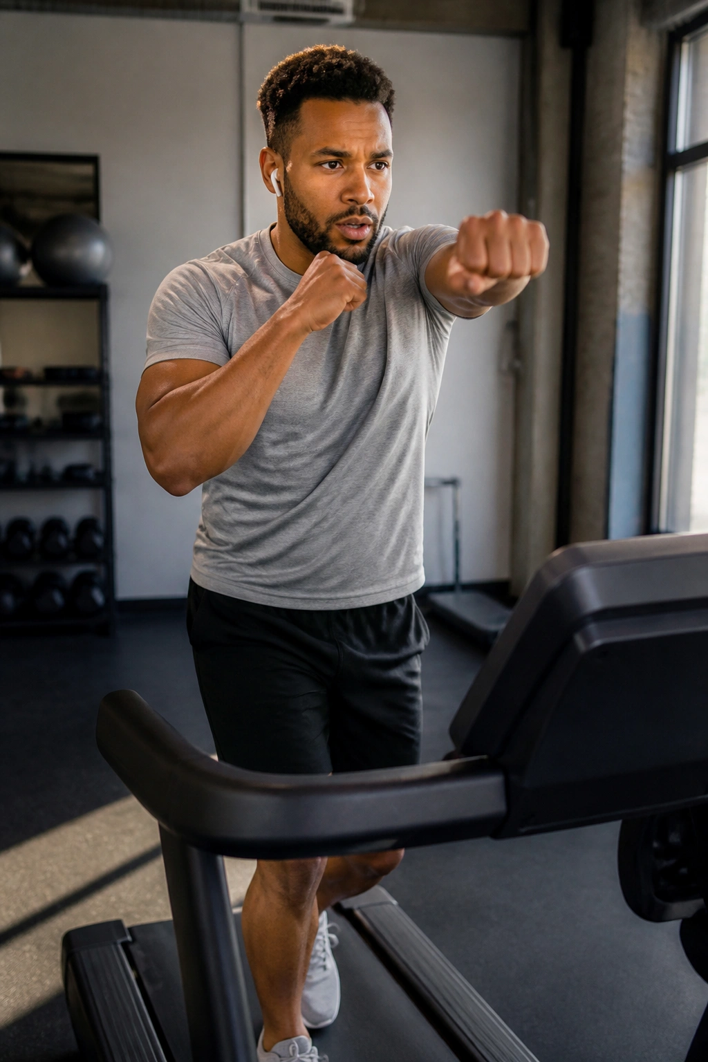 Person shadowboxing while walking on a treadmill in gym