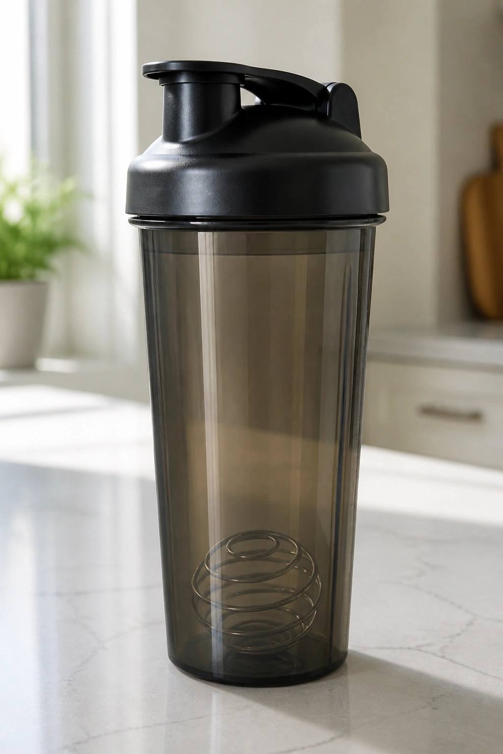 Close-up of a plain unbranded shaker bottle on a clean counter