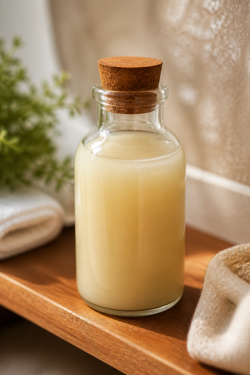 Close-up of unlabeled shea oil blend bottle