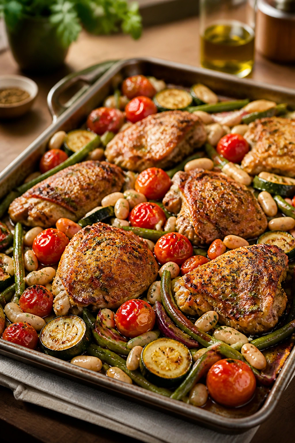 Close-up of a sheet-pan dinner serving on a baking sheet