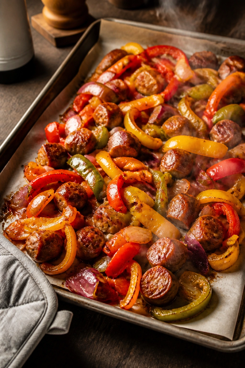 Roasted sausage and peppers on a sheet pan in a home kitchen