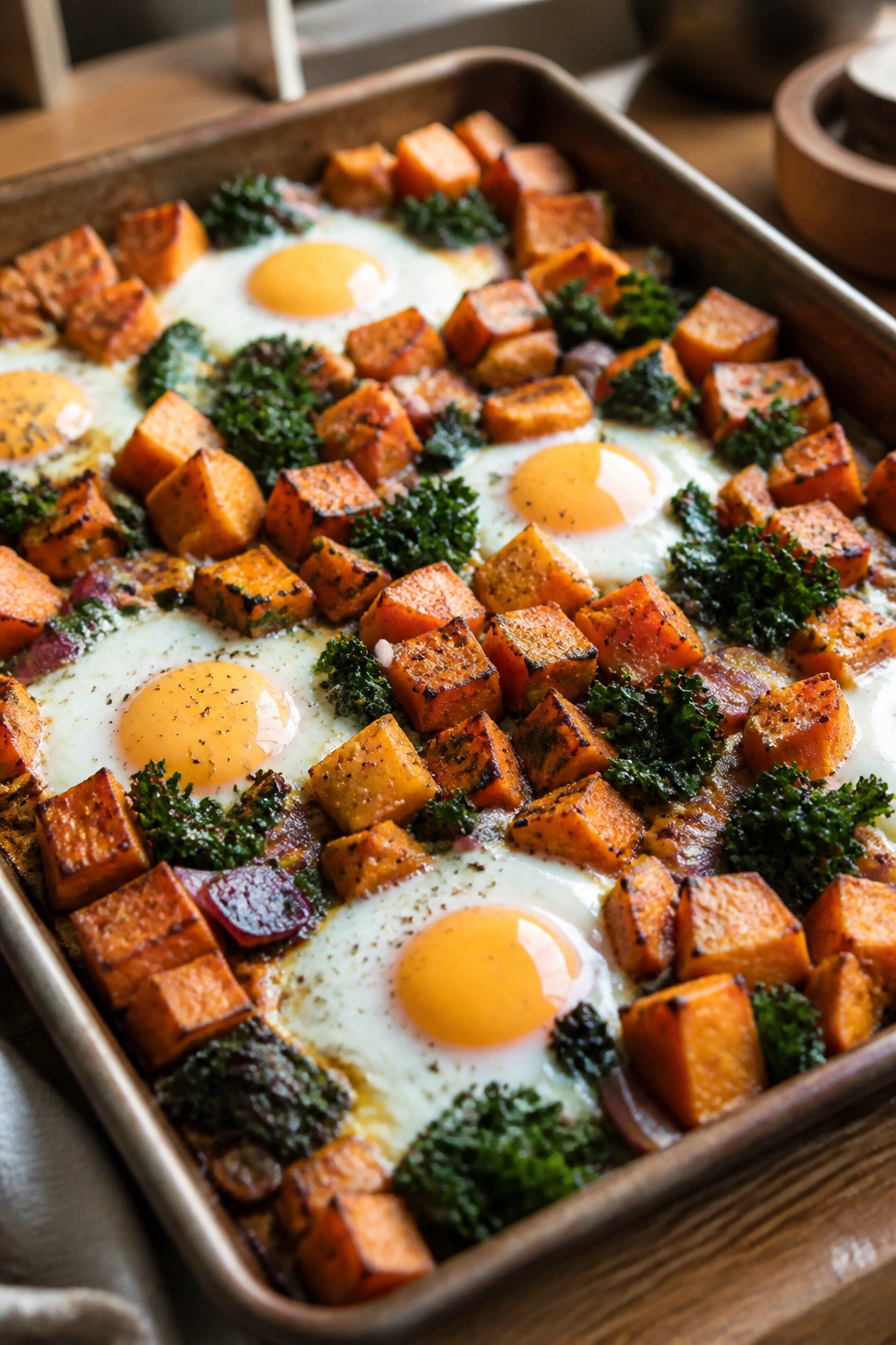 Sheet pan breakfast with roasted sweet potatoes and eggs