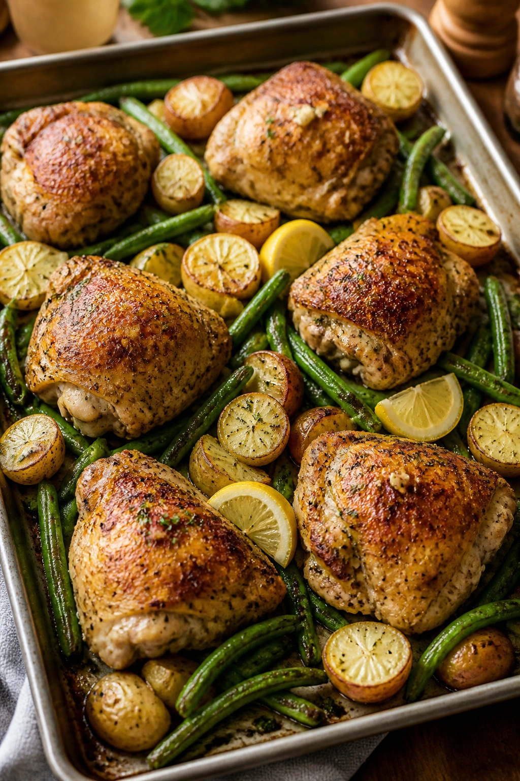 Close-up of crispy chicken thighs with potatoes and green beans on a sheet pan in a warm kitchen